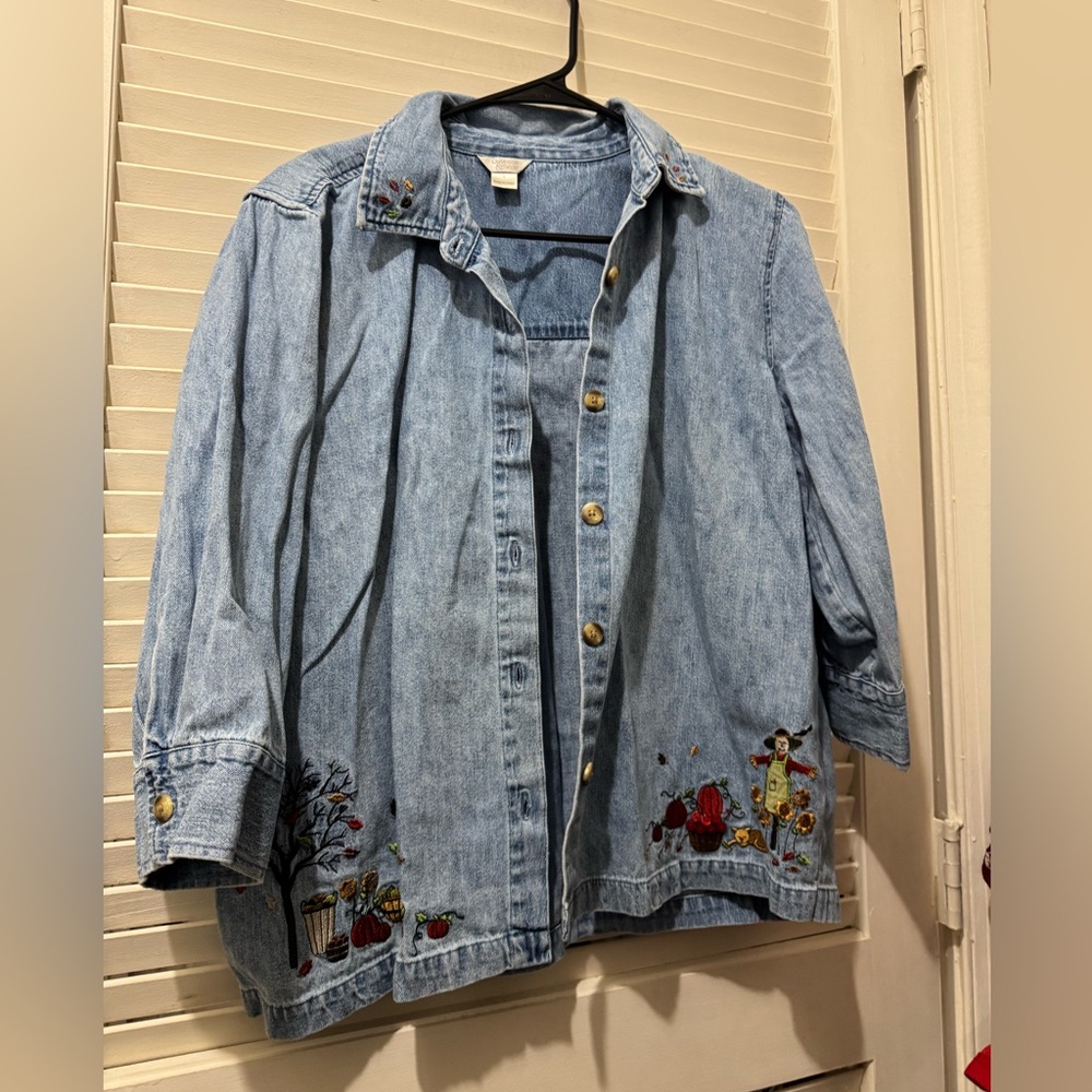 Christopher & Banks 3/4 Sleeve Fall Scarecrow Embroidered Button Up Denim Top